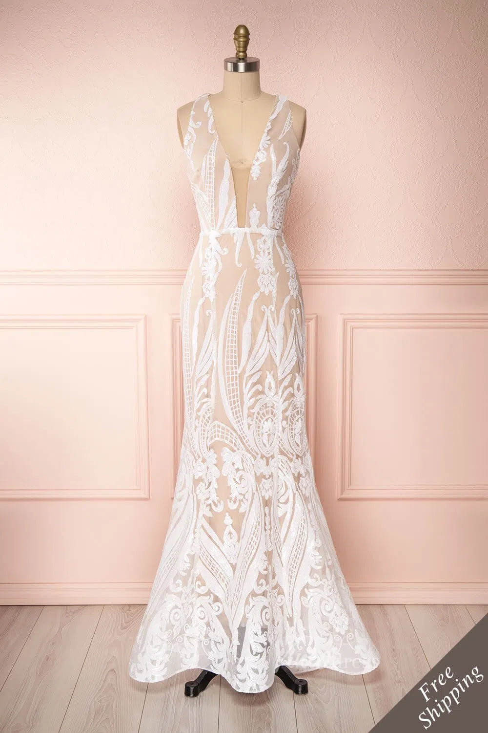 Plunging V-neck Sheath Lace Wedding Dress VW1002-wedding dresses-Viniodress-Ivory-Custom Size-Viniodress