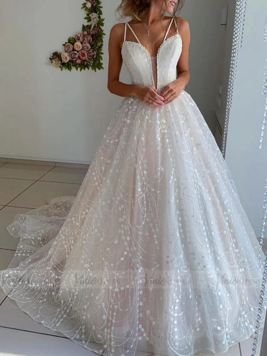 Plunging V Neck Sparkly Sequin Wedding Dresses with Straps VW1352-wedding dresses-Viniodress-As Picture-Custom Size-Viniodress