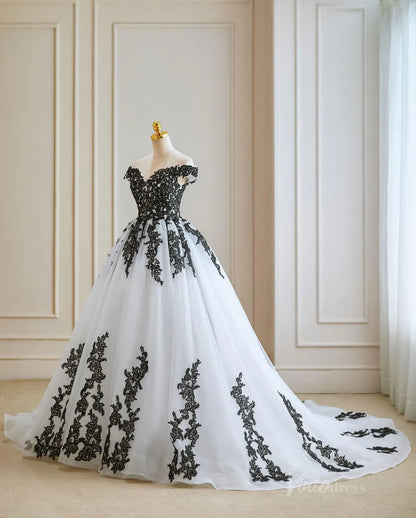 Plus Size Black and White Wedding Dress | Off-the-Shoulder Ball Gown with Corset Back & Lace Appliqués BK101-wedding dresses 2025 -Viniodress-Black-Custom Size-