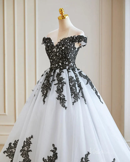 Plus Size Black and White Wedding Dress | Off-the-Shoulder Ball Gown with Corset Back & Lace Appliqués BK101-wedding dresses 2025 -Viniodress-Black-Custom Size-
