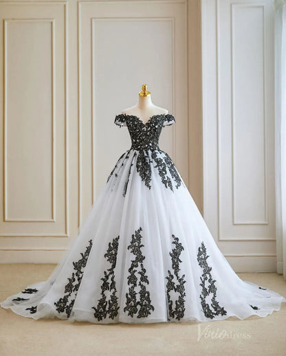 Plus Size Black and White Wedding Dress | Off-the-Shoulder Ball Gown with Corset Back & Lace Appliqués BK101-wedding dresses 2025 -Viniodress-Black-Custom Size-