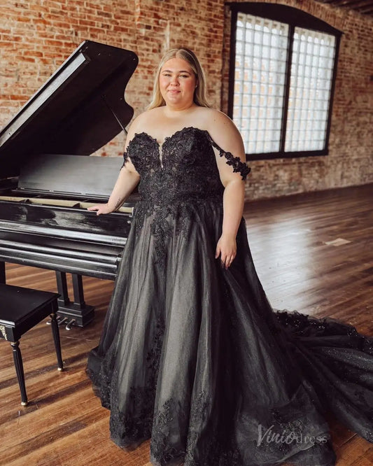 Plus Size Black Wedding Dress | Off-the-Shoulder A-Line Gown with Lace Appliqués, Chapel Train BK107-wedding dresses 2025 -Viniodress-Black-Custom Size-