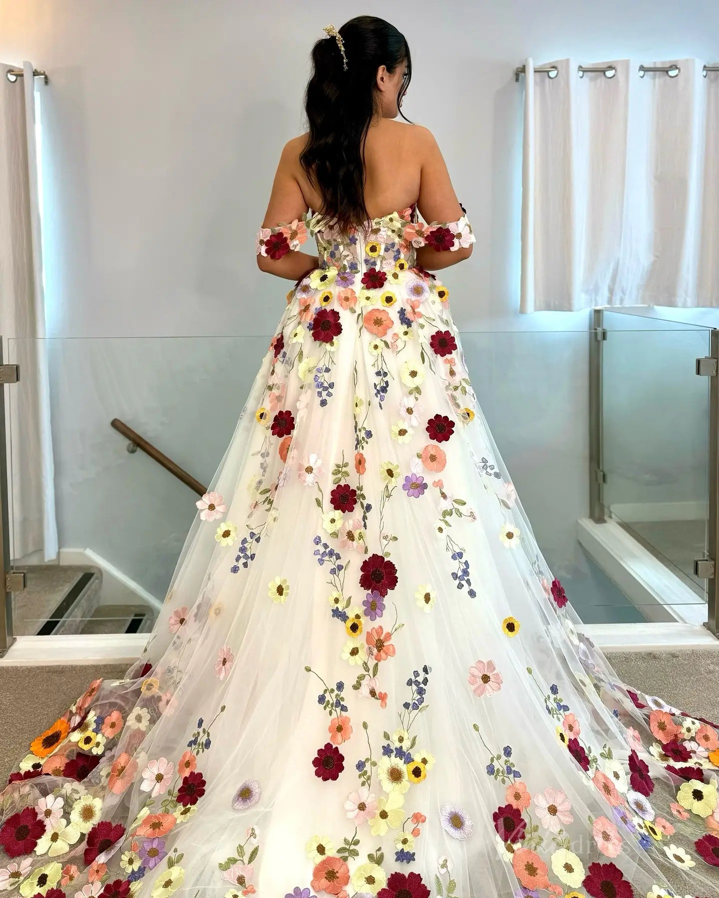 Plus Size Colorful Floral Wedding Dress Off-the-Shoulder