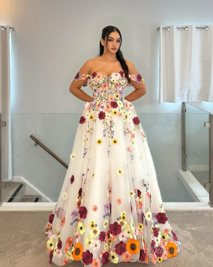 Plus Size Colorful Floral Wedding Dress | Off-the-Shoulder Sweetheart Gown with Chapel Train FW162-wedding dresses 2025 -Viniodress-Floral-Custom Size-