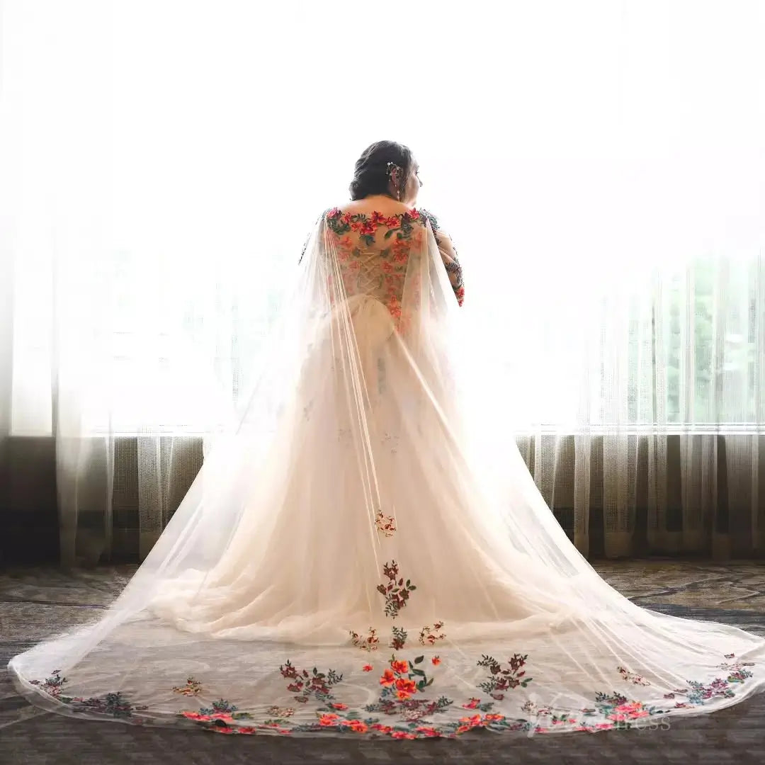 Plus Size Colorful Wedding Dresses Whimsical Floral Tulle Gown, Illusion Neckline & 3/4 Sleeves FW142-wedding dresses 2025 -Viniodress-Nude-Dress Only-Custom Size