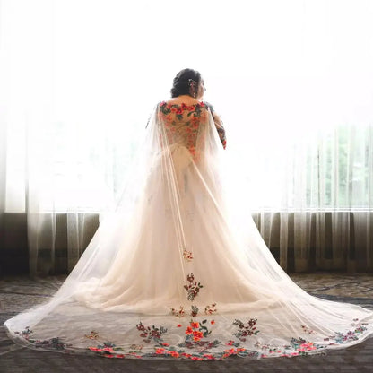 Plus Size Colorful Wedding Dresses Whimsical Floral Tulle Gown, Illusion Neckline & 3/4 Sleeves FW142-wedding dresses 2025 -Viniodress-Nude-Dress Only-Custom Size