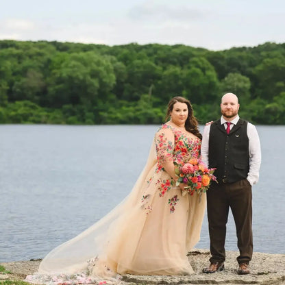 Plus Size Colorful Wedding Dresses Whimsical Floral Tulle Gown, Illusion Neckline & 3/4 Sleeves FW142-wedding dresses 2025 -Viniodress-Nude-Dress Only-Custom Size