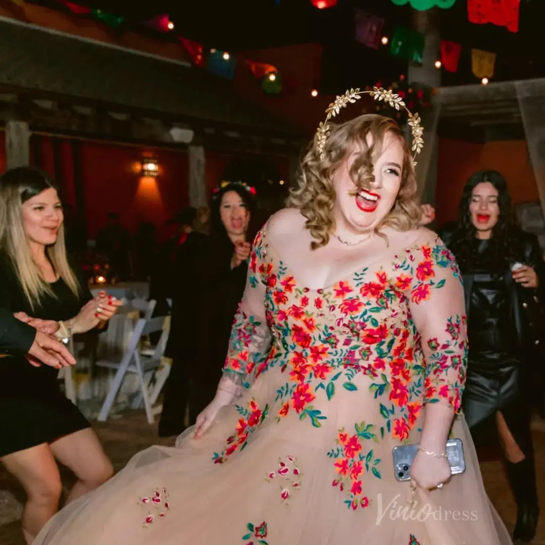 Plus Size Colorful Wedding Dresses Whimsical Floral Tulle Gown, Illusion Neckline & 3/4 Sleeves FW142-wedding dresses 2025 -Viniodress-Nude-Dress Only-Custom Size