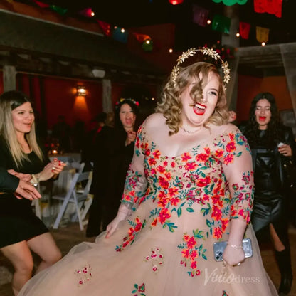 Plus Size Colorful Wedding Dresses Whimsical Floral Tulle Gown, Illusion Neckline & 3/4 Sleeves FW142-wedding dresses 2025 -Viniodress-Nude-Dress Only-Custom Size