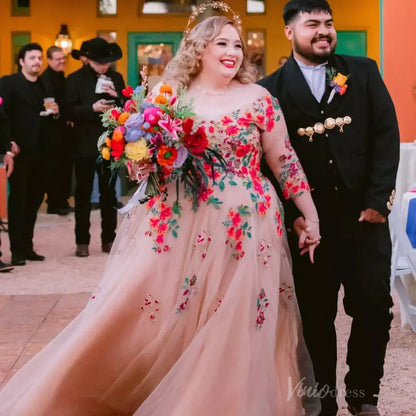 Plus Size Colorful Wedding Dresses Whimsical Floral Tulle Gown, Illusion Neckline & 3/4 Sleeves FW142-wedding dresses 2025 -Viniodress-Nude-Dress Only-Custom Size