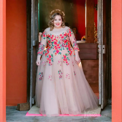 Plus Size Colorful Wedding Dresses Whimsical Floral Tulle Gown, Illusion Neckline & 3/4 Sleeves FW142-wedding dresses 2025 -Viniodress-Nude-Dress Only-Custom Size