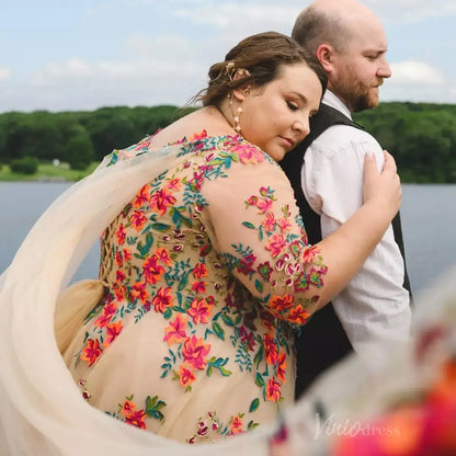 Plus Size Colorful Wedding Dresses Whimsical Floral Tulle Gown, Illusion Neckline & 3/4 Sleeves FW142-wedding dresses 2025 -Viniodress-Nude-Dress Only-Custom Size