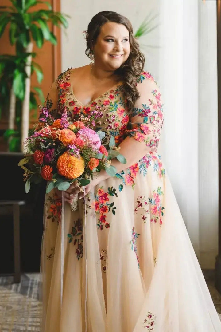 Plus Size Colorful Wedding Dresses Whimsical Floral Tulle Gown, Illusion Neckline & 3/4 Sleeves FW142-wedding dresses 2025 -Viniodress-Nude-Dress Only-Custom Size