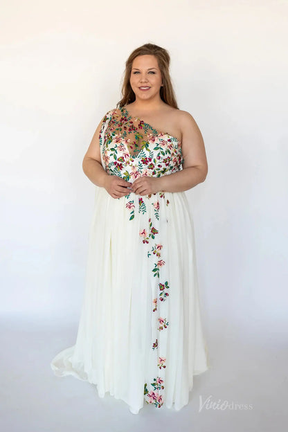 Plus Size Floral Chiffon Wedding Dress | One-Shoulder Gown with Slit, Watteau Train FW107-wedding dresses 2025 -Viniodress-Ivory-Custom Size-