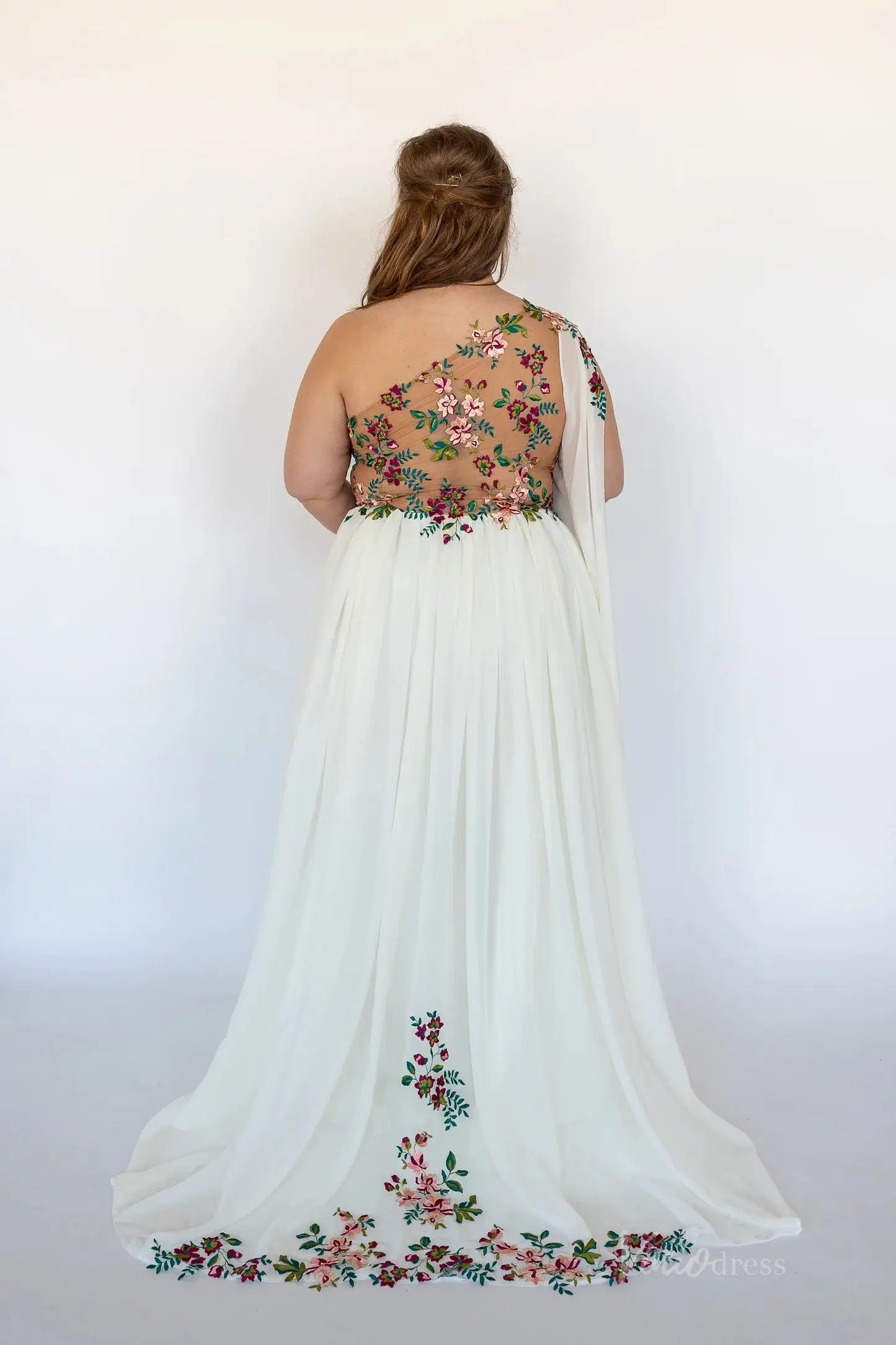 Plus Size Floral Chiffon Wedding Dress | One-Shoulder Gown with Slit, Watteau Train FW107-wedding dresses 2025 -Viniodress-Ivory-Custom Size-