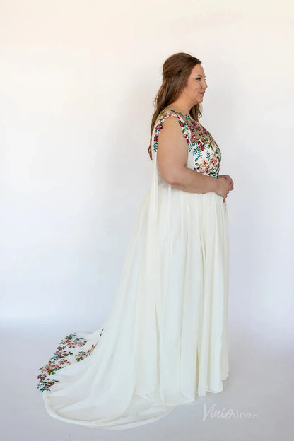 Plus Size Floral Chiffon Wedding Dress | One-Shoulder Gown with Slit, Watteau Train FW107-wedding dresses 2025 -Viniodress-Ivory-Custom Size-