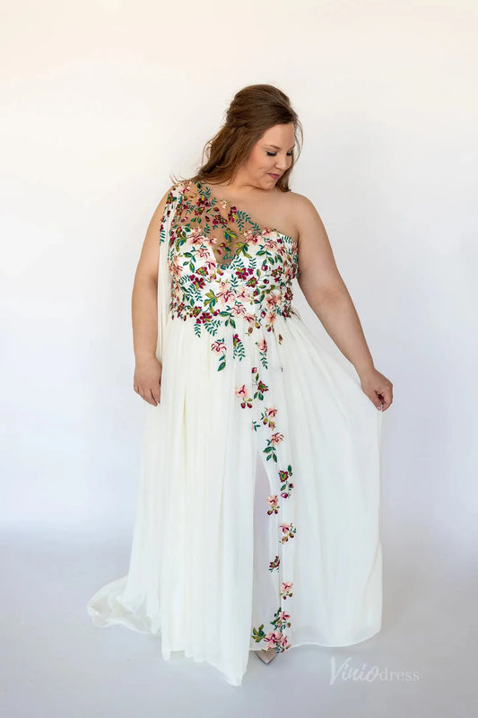 Plus Size Floral Chiffon Wedding Dress | One-Shoulder Gown with Slit, Watteau Train FW107-wedding dresses 2025 -Viniodress-Ivory-Custom Size-