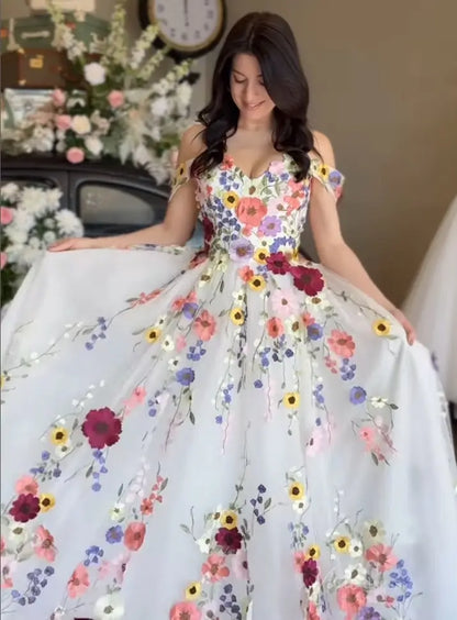 Plus Size Floral Embroidery Wedding Dress | Off-the-Shoulder Colorful Ball Gown FW160-wedding dresses 2025 -Viniodress-Floral-Custom Size-
