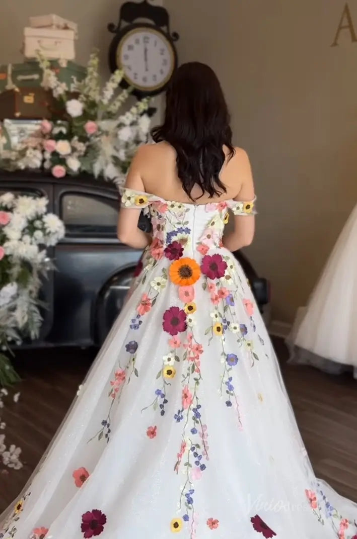 Plus Size Floral Embroidery Wedding Dress | Off-the-Shoulder Colorful Ball Gown FW160-wedding dresses 2025 -Viniodress-Floral-Custom Size-