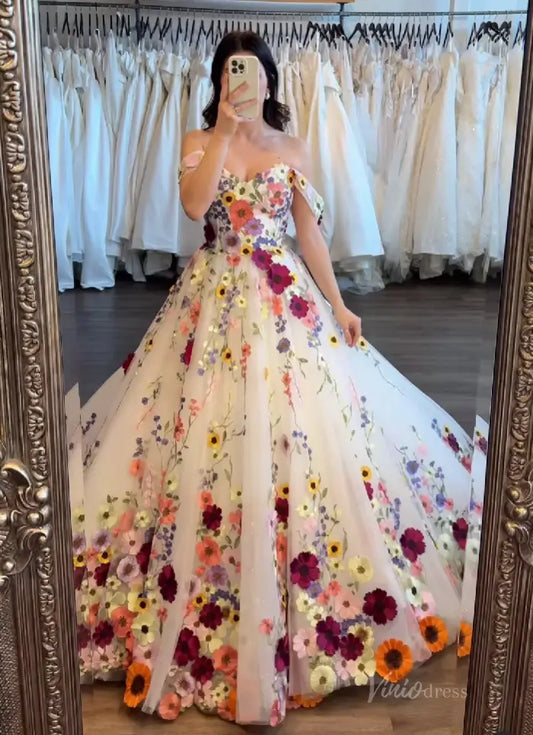 Plus Size Floral Embroidery Wedding Dress | Off-the-Shoulder Colorful Ball Gown FW160-wedding dresses 2025 -Viniodress-Floral-Custom Size-