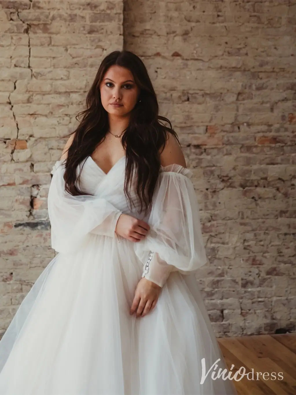 Plus Size Goddess Tulle Ball Gown Wedding Dress with Removable Puff Sleeves, Chapel Train – MS103-wedding dresses 2025 -Viniodress-Ivory-Custom Size-