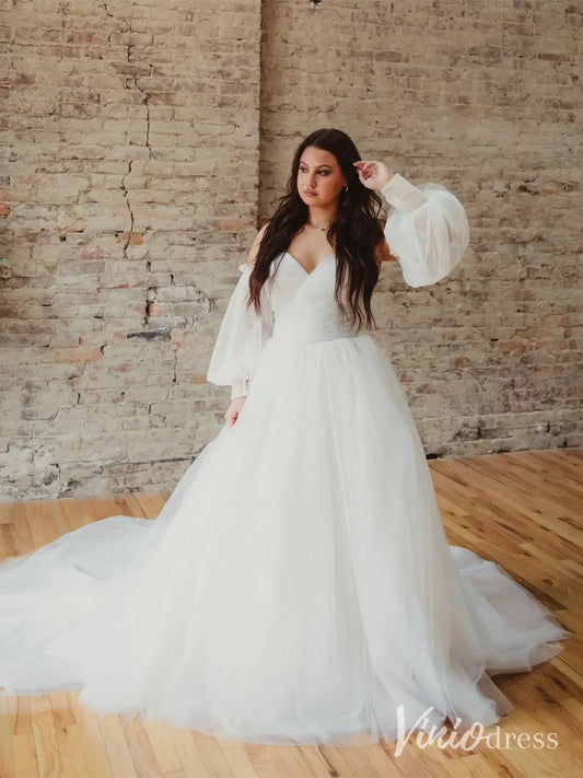 Plus Size Goddess Tulle Ball Gown Wedding Dress with Removable Puff Sleeves, Chapel Train – MS103-wedding dresses 2025 -Viniodress-Ivory-Custom Size-