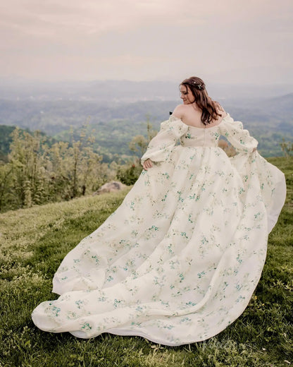 Plus Size Green Floral Wedding Dress | Off-the-Shoulder Gown with Puff Sleeves,Bows, Cathedral Train FW130-wedding dresses 2025 -Viniodress-Floral-Custom Size-
