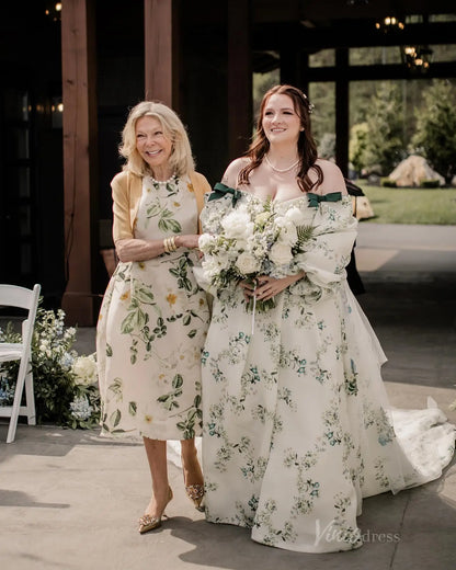 Plus Size Green Floral Wedding Dress | Off-the-Shoulder Gown with Puff Sleeves,Bows, Cathedral Train FW130-wedding dresses 2025 -Viniodress-Floral-Custom Size-