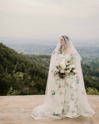 Plus Size Green Floral Wedding Dress | Off-the-Shoulder Gown with Puff Sleeves,Bows, Cathedral Train FW130-wedding dresses 2025 -Viniodress-Floral-Custom Size-