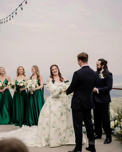 Plus Size Green Floral Wedding Dress | Off-the-Shoulder Gown with Puff Sleeves,Bows, Cathedral Train FW130-wedding dresses 2025 -Viniodress-Floral-Custom Size-