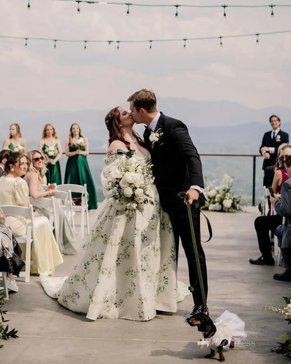 Plus Size Green Floral Wedding Dress | Off-the-Shoulder Gown with Puff Sleeves,Bows, Cathedral Train FW130-wedding dresses 2025 -Viniodress-Floral-Custom Size-