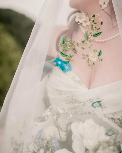 Plus Size Green Floral Wedding Dress | Off-the-Shoulder Gown with Puff Sleeves,Bows, Cathedral Train FW130-wedding dresses 2025 -Viniodress-Floral-Custom Size-