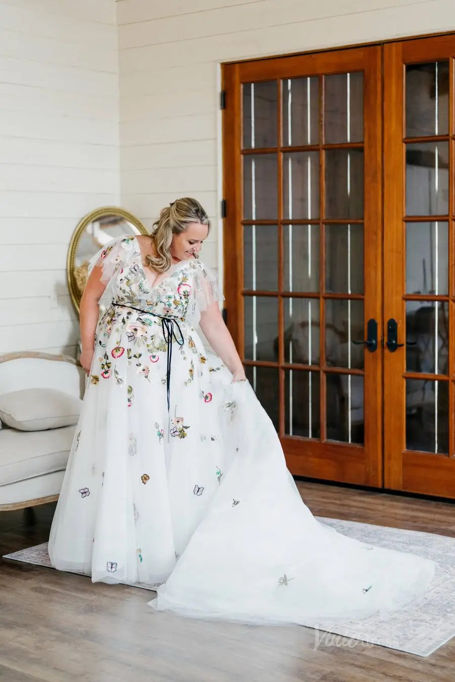 Plus Size Whimsical Wedding Dress Floral Butterfly Embroidery