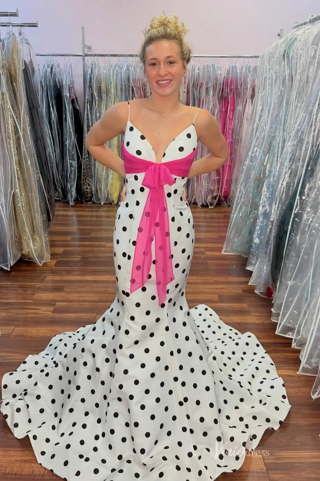 Polka Dot Mermaid Prom Dresses Spaghetti Strap V Neck with Bow Details SS313-Prom Dresses 2026-Viniodress-Hot Pink-Custom Size-