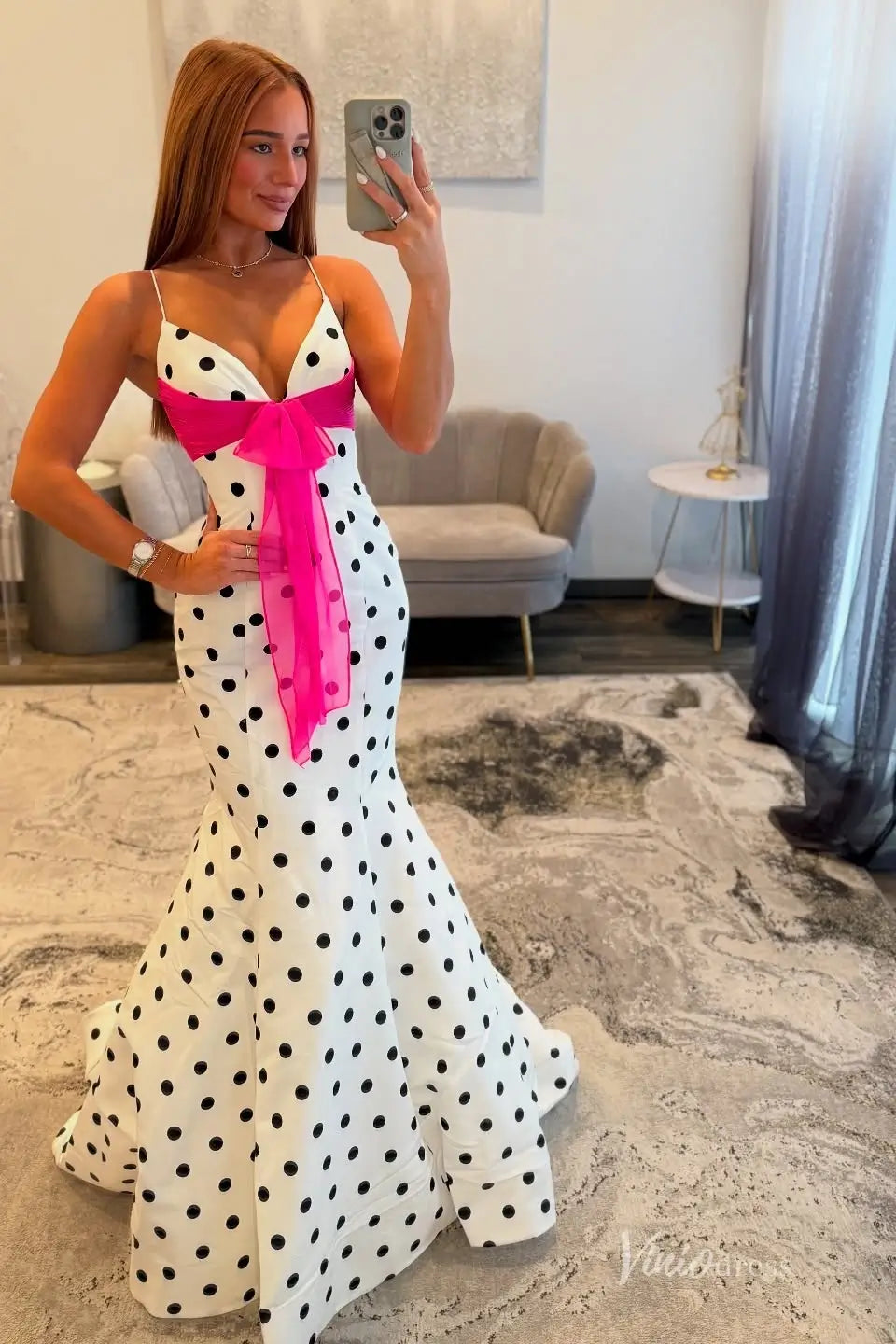 Polka Dot Mermaid Prom Dresses Spaghetti Strap V Neck with Bow Details SS313-Prom Dresses 2026-Viniodress-Hot Pink-Custom Size-