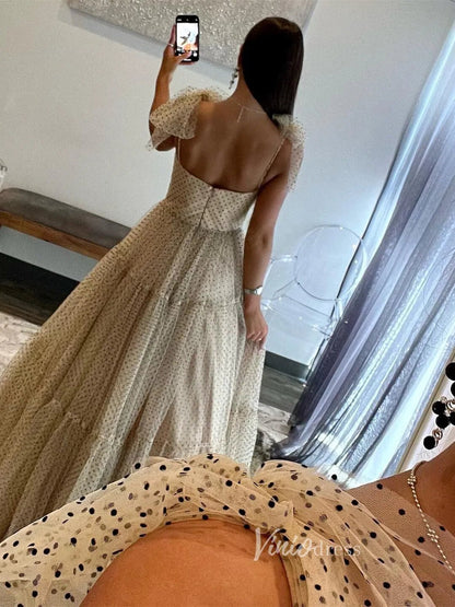 Pretty Dotted Tulle Prom Dresses Bow-Tie Spaghetti Strap Formal Dress FD3625-prom dresses 2025 -Viniodress-Champagne-Custom Size-
