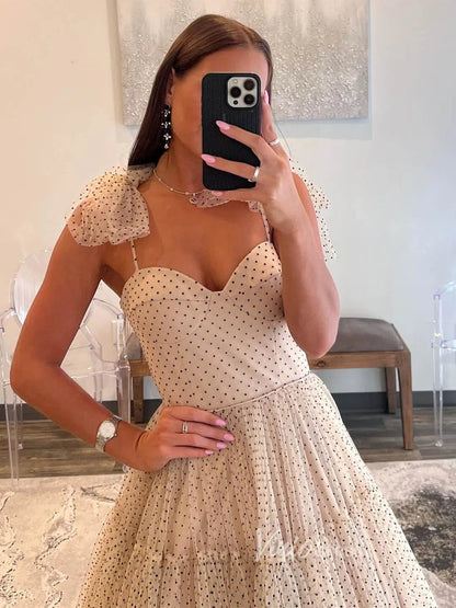 Pretty Dotted Tulle Prom Dresses Bow-Tie Spaghetti Strap Formal Dress FD3625-prom dresses 2025 -Viniodress-Champagne-Custom Size-