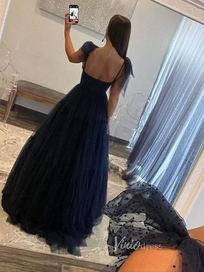 Pretty Dotted Tulle Prom Dresses Bow-Tie Spaghetti Strap Formal Dress FD3625-prom dresses 2025 -Viniodress-Champagne-Custom Size-