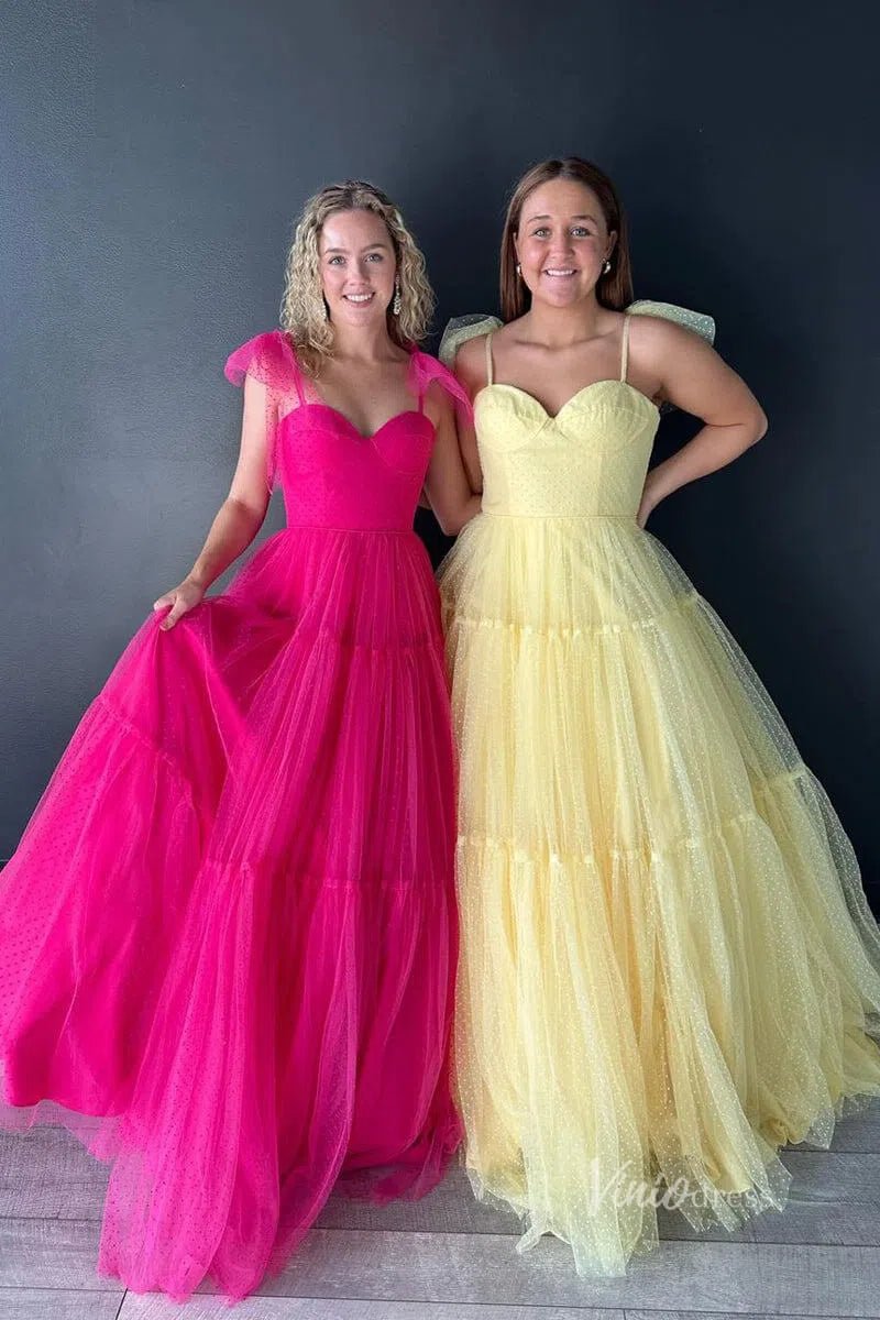 Pretty Dotted Tulle Prom Dresses Bow-Tie Spaghetti Strap Formal Dress FD3625-prom dresses 2025 -Viniodress-Champagne-Custom Size-