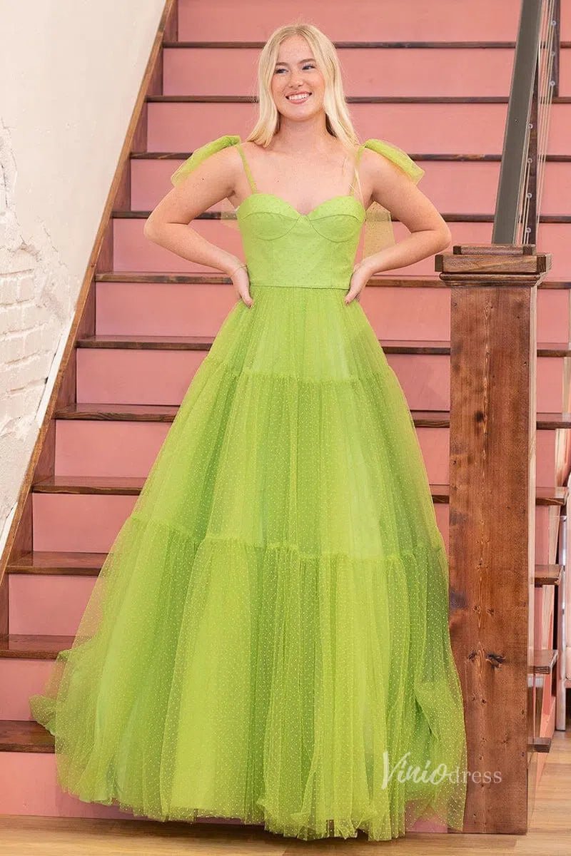 Pretty Dotted Tulle Prom Dresses Bow-Tie Spaghetti Strap Formal Dress FD3625-prom dresses 2025 -Viniodress-Light Green-Custom Size-