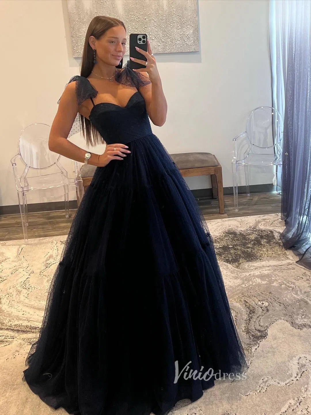Pretty Dotted Tulle Prom Dresses Bow-Tie Spaghetti Strap Formal Dress FD3625-prom dresses 2025 -Viniodress-Navy Blue-Custom Size-