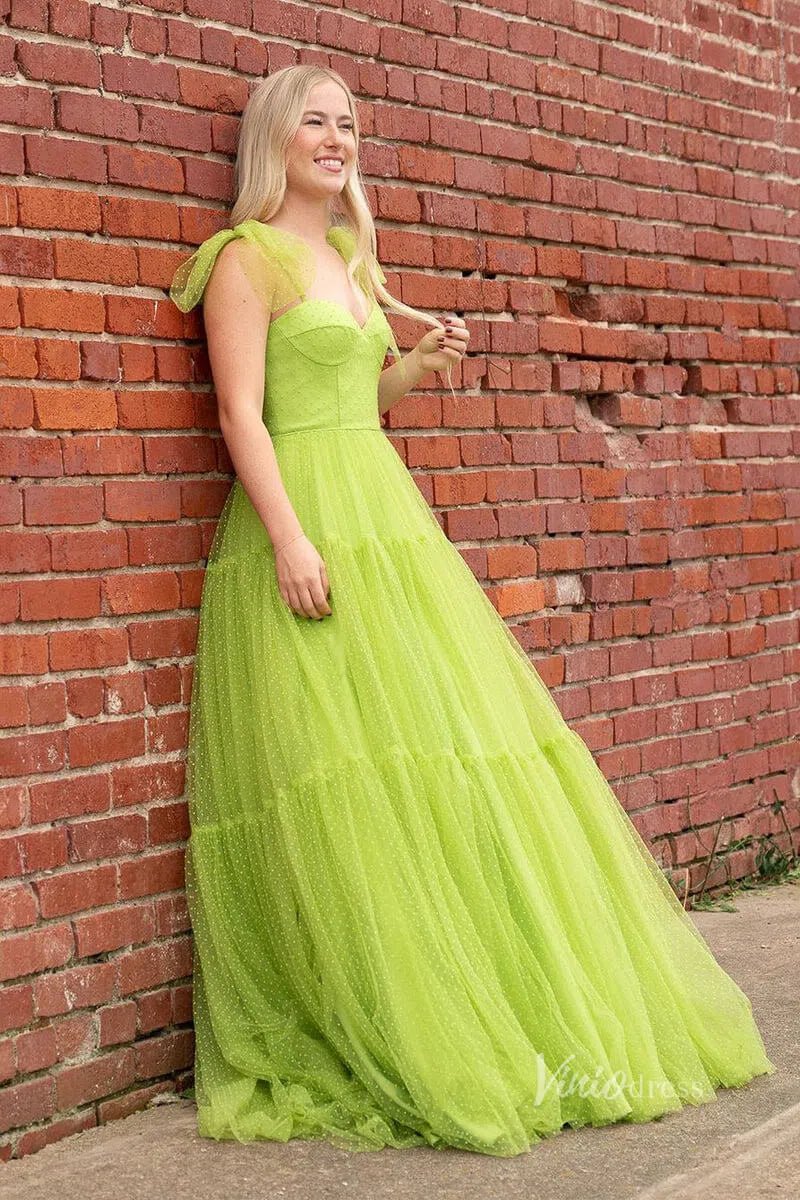 Pretty Dotted Tulle Prom Dresses Bow-Tie Spaghetti Strap Formal Dress FD3625-prom dresses 2025 -Viniodress-Champagne-Custom Size-