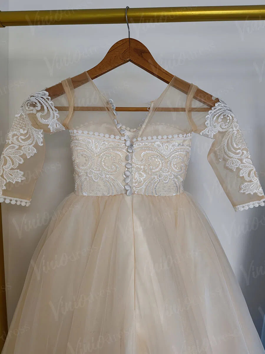 Pretty Dress for Kids Cute Princess Champagne Flower Girl Dresses with Bow GL1031B-flower girl dresses 2025 -Viniodress-Champagne-Custom Size-