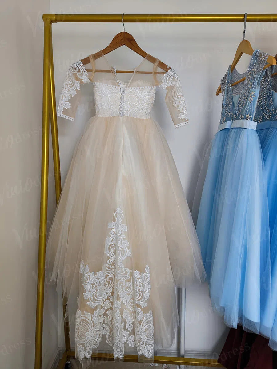 Pretty Dress for Kids Cute Princess Champagne Flower Girl Dresses with Bow GL1031B-flower girl dresses 2025 -Viniodress-Champagne-Custom Size-