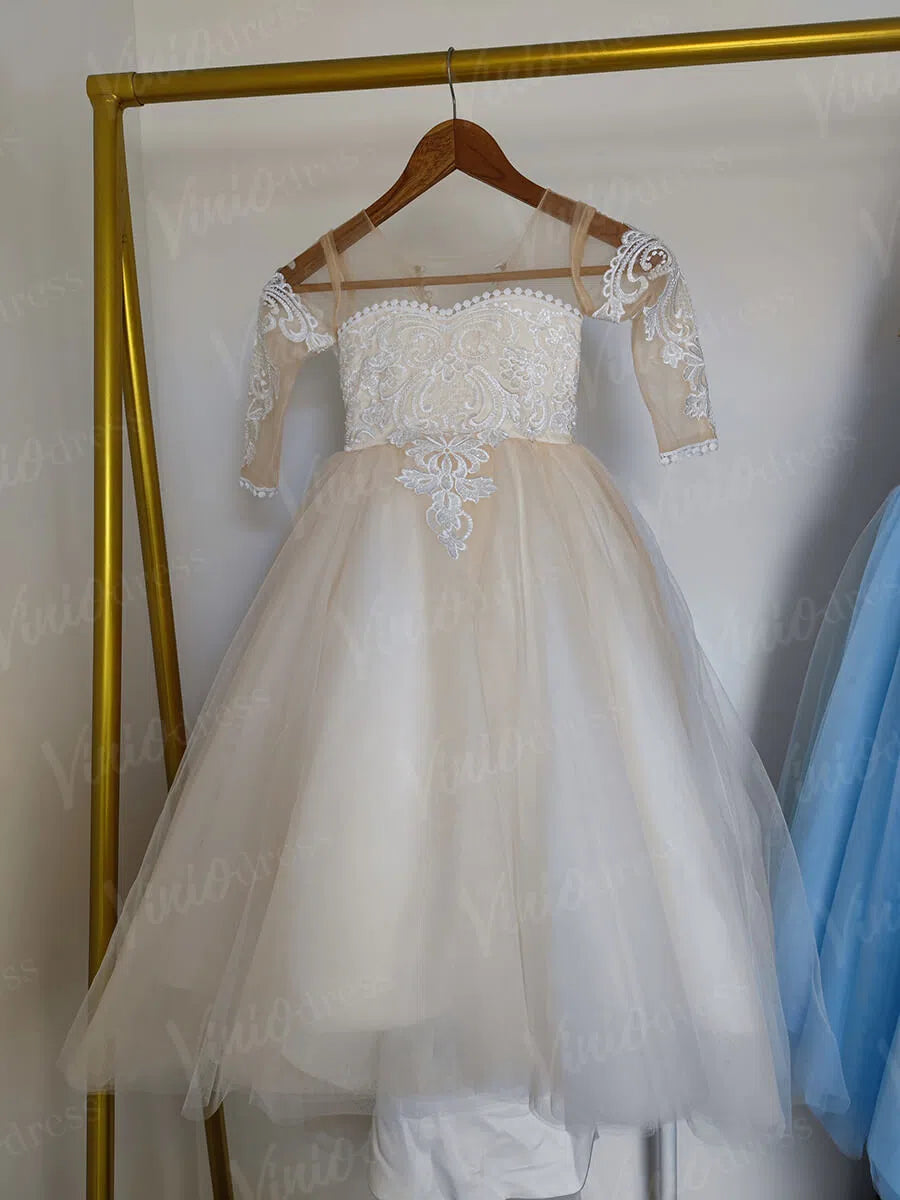 Pretty Dress for Kids Cute Princess Champagne Flower Girl Dresses with Bow GL1031B-flower girl dresses 2025 -Viniodress-Champagne-Custom Size-