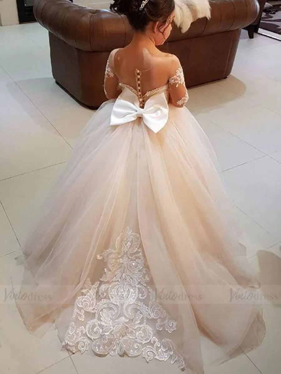 Pretty Dress for Kids Cute Princess Champagne Flower Girl Dresses with Bow GL1031B-flower girl dresses 2025 -Viniodress-Champagne-Custom Size-