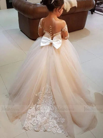 Pretty Dress for Kids Cute Princess Champagne Flower Girl Dresses with Bow GL1031B-flower girl dresses 2025 -Viniodress-Champagne-Custom Size-