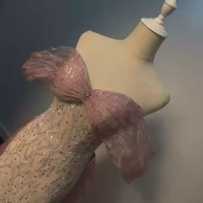 <transcy>Vestidos de fiesta largos rosados ​​con aplicaciones florales en 3D fuera de las mangas del hombro FD1674</transcy>