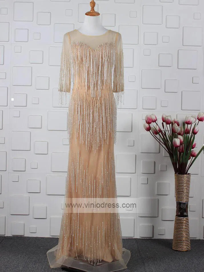 Prom Dress 2025 20s Gatsby Party Dresses Beaded Flapper Formal Dress with Sleeves FD1442-unique prom dresses-Gold-Custom Size-Viniodress