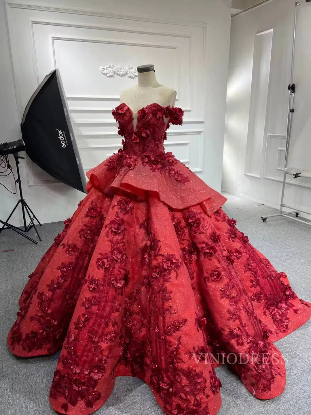 Prom Dress 2025 3D Floral Dark Red Quinceañera Dresses Off the Shoulder Ball Gown viniodress-unique prom dresses-Dark Red-US 2-Viniodress